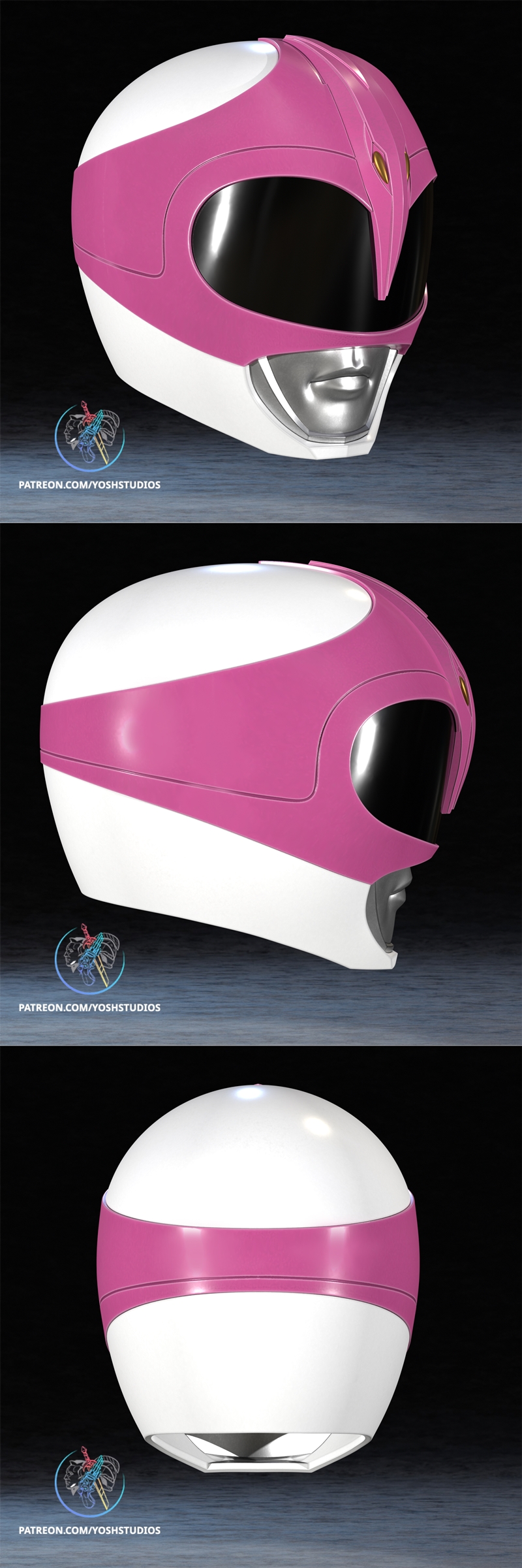 Pink Ranger helmet from Mighty Morphin Power Rangers, 3D model by Yosh Studios. Features pink and white casing, black...