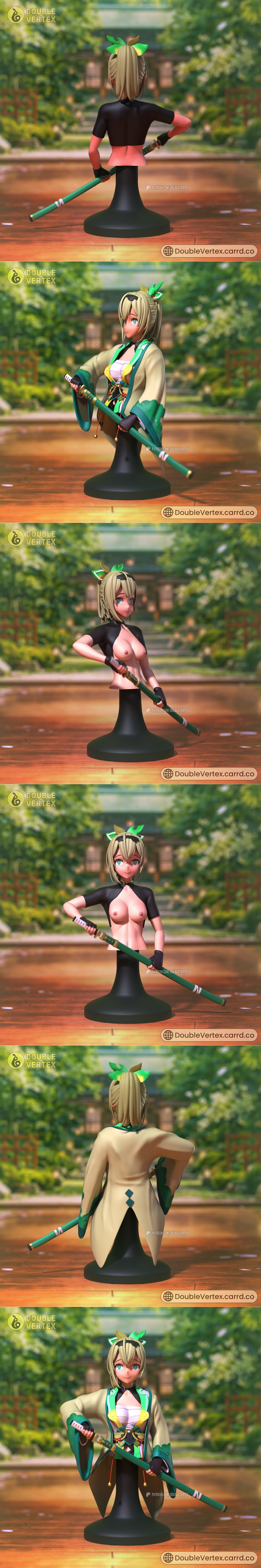 Double Vertex 3D printable bust of Kazama Iroha from Hololive JP, holding a katana. One version wears a kimono, the o...