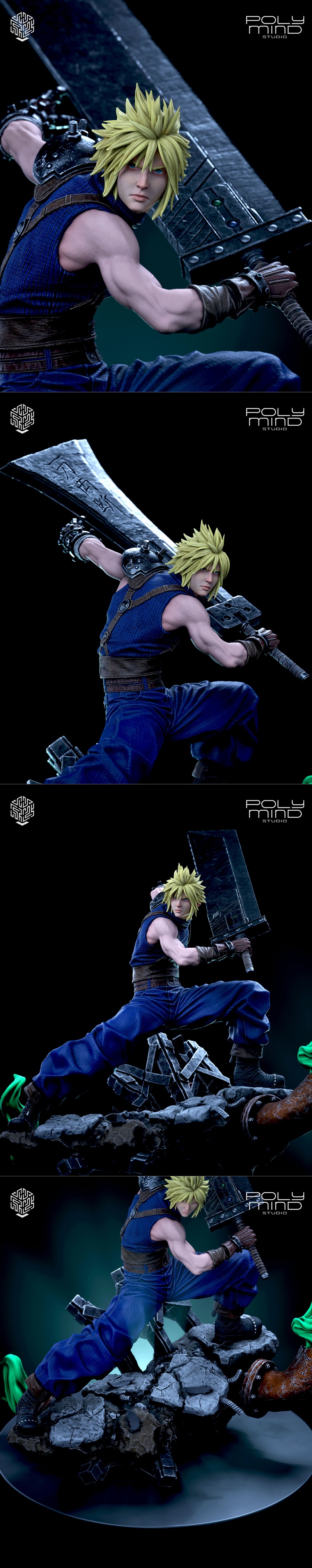 Cloud Strife from Final Fantasy VII in a dynamic pose, holding the Buster Sword. He wears a blue sleeveless top, brow...