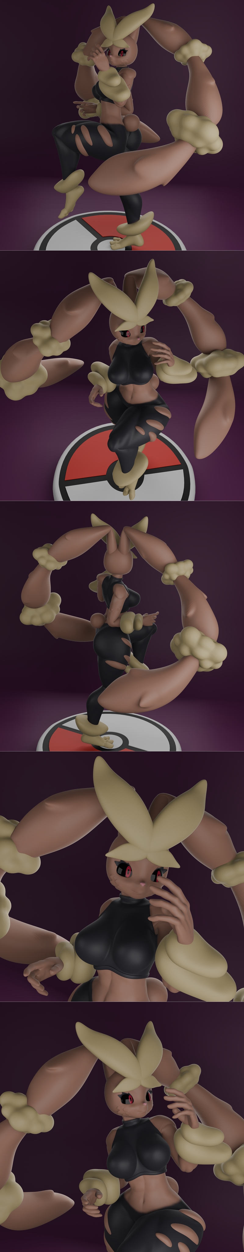 Mega Lopunny 3D model in a dynamic pose, wearing ripped black leggings and a dark top, standing on a Poké Ball base.