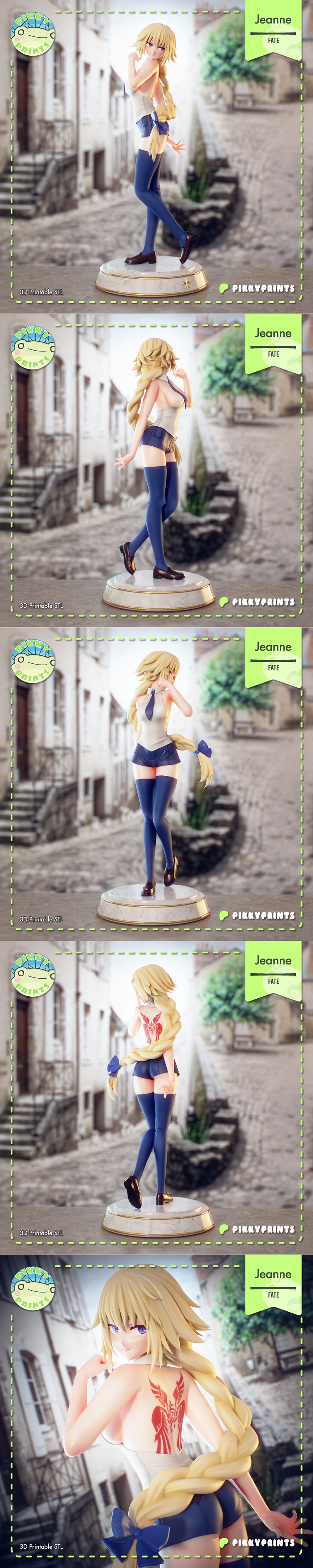Pikky Prints 3D model of Jeanne d'Arc from Fate, blonde braided hair, white top, blue shorts, blue thigh-highs, back...