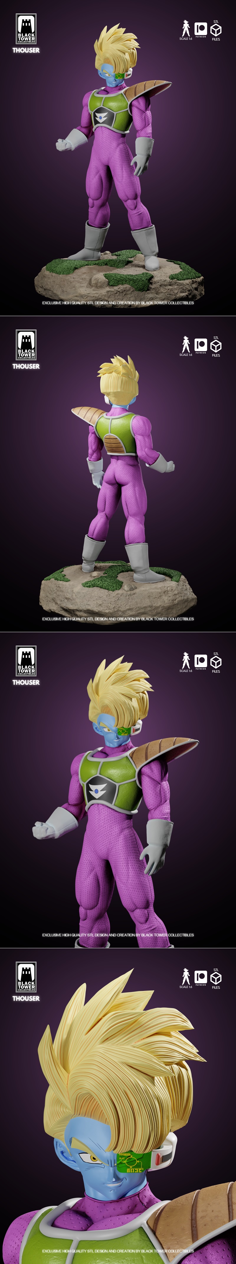 Thouser from Dragon Ball anime, standing in a dynamic pose. He has blonde spiky hair, blue skin, and wears a purple b...