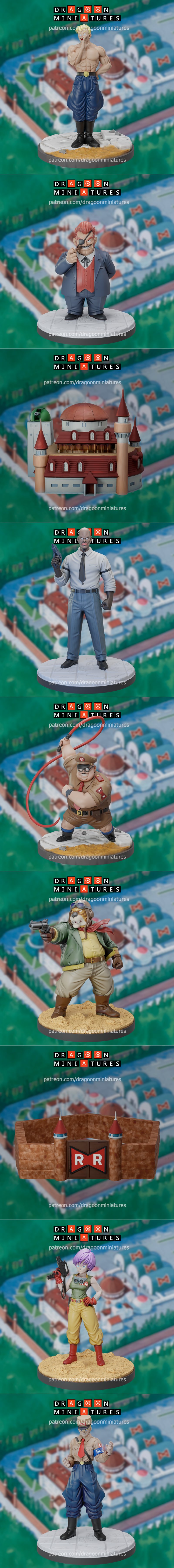 Collection of Dragon Ball Red Ribbon Army miniatures by Dragoon Miniatures, featuring characters and buildings with R...