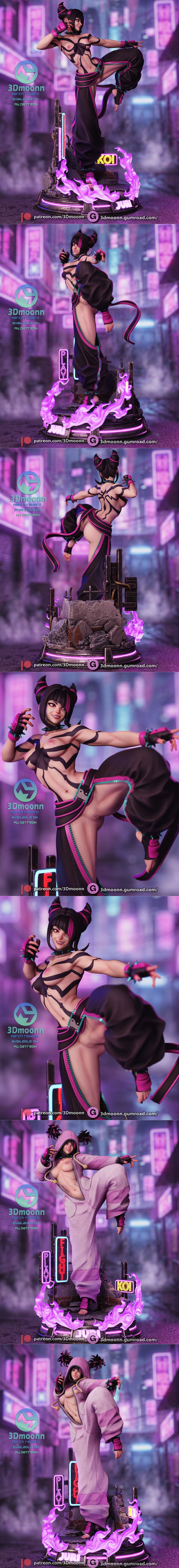 3Dmoonn Juri Han figure from Street Fighter in a dynamic combat pose, with neon "PLAY", "FIGHT",...