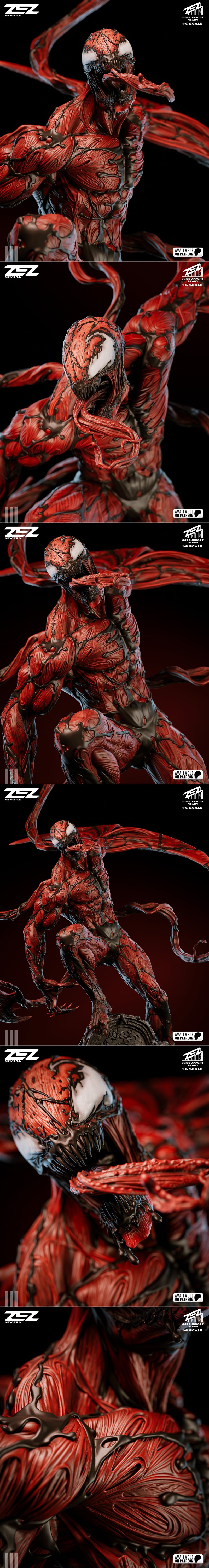 ZEZ Studio 1:6 scale Carnage 3D model, a red and black symbiote with flowing tendrils, in a dynamic pose on a gothic...