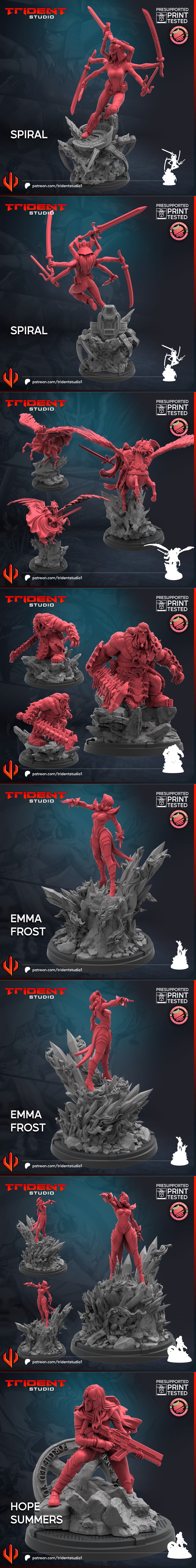 Collection of red 3D printable figures from Trident Studio, featuring fantasy and sci-fi characters like warriors, mo...