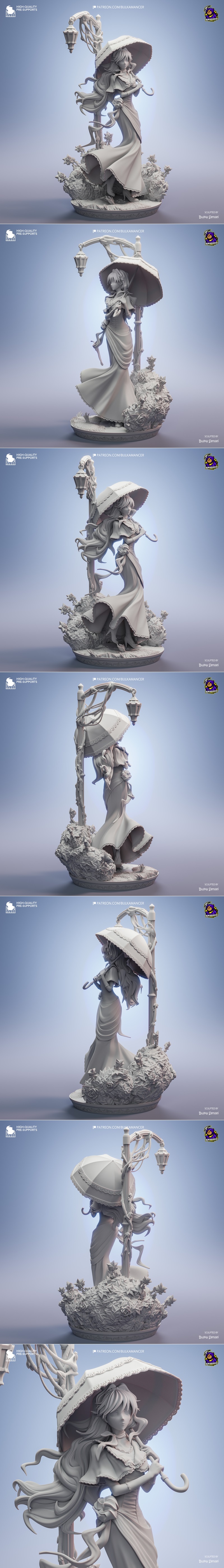 Penelope Eckhart figure in a pink gown holding an umbrella, surrounded by roses and a lamppost, sculpted by Bulkamanc...