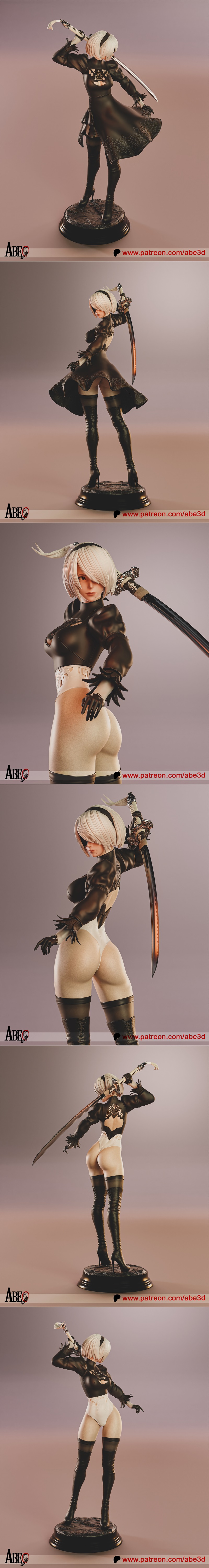 3D model figure of 2B from Nier Automata, wearing a black outfit, thigh-high boots, and a blindfold, holding a sword....