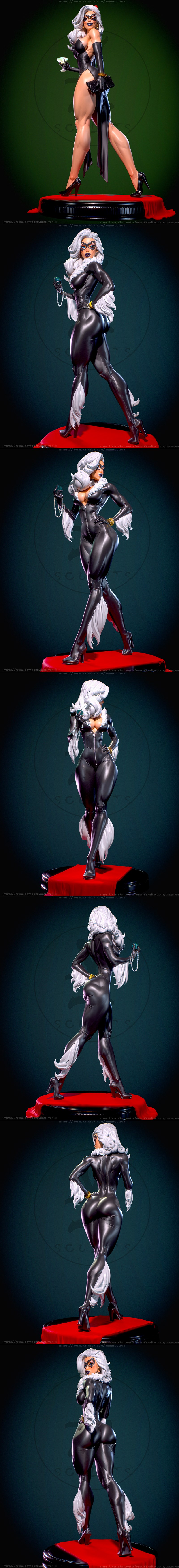 3D model of Marvel's Black Cat in a black evening gown, holding a martini and clutch, wearing a mask and high heels.