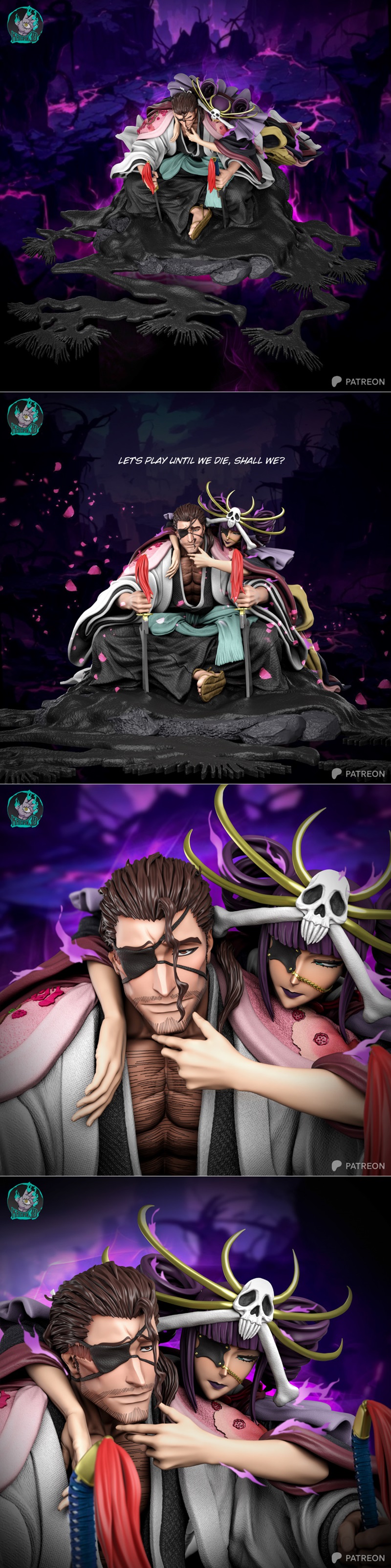 3D model of Shunsui Kyoraku in Bankai from Bleach, seated with a female companion, holding two swords. Intricate deta...