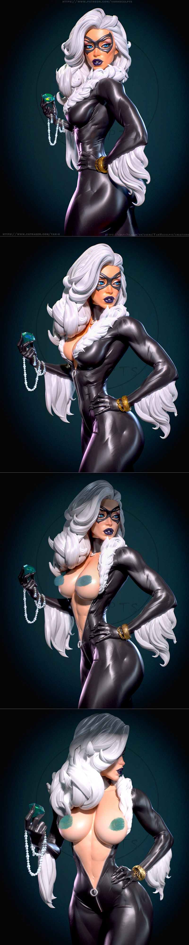3D model of Marvel's Black Cat in a black evening gown, holding a martini and clutch, wearing a mask and high heels.