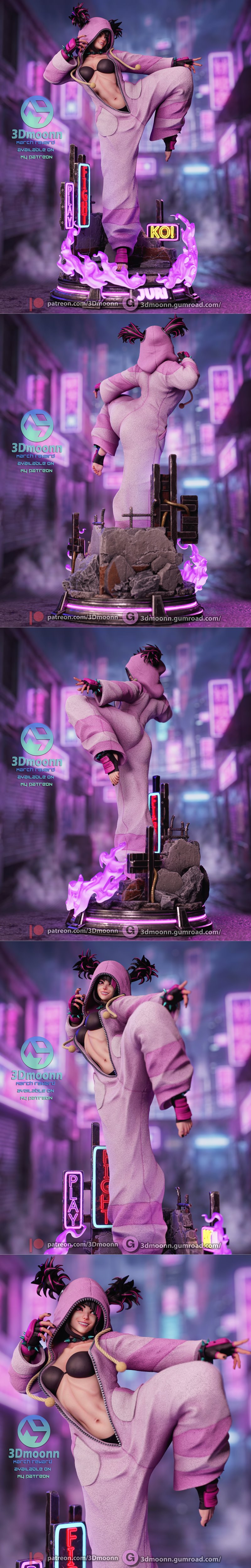 3Dmoonn Juri Han figure from Street Fighter in a dynamic combat pose, with neon "PLAY", "FIGHT",...