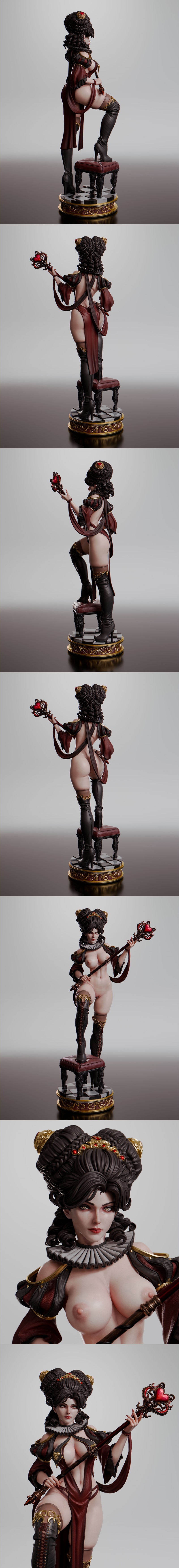 Queen of Hearts 3D model with revealing gothic attire, thigh-high boots, and a heart-topped scepter, standing on a st...
