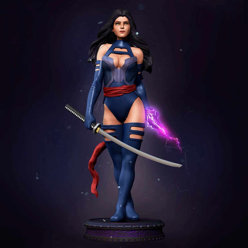 Psylocke 3D model statue, wearing a blue bodysuit and thigh-highs, holding a katana and psychic energy.