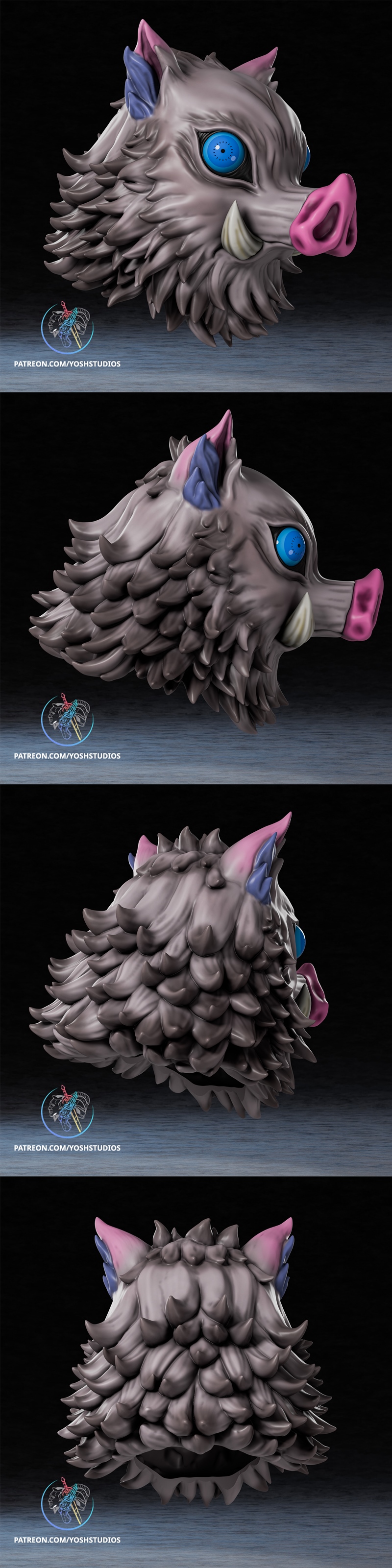 3D model of Inosuke Hashibira's boar helmet from Demon Slayer, featuring blue eyes, pink nose, and tusks.
