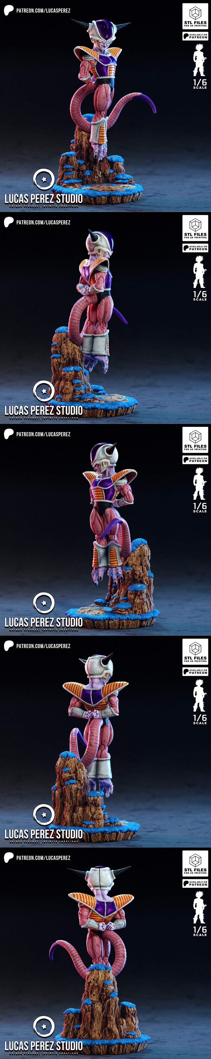 Frieza First Form 3D model, 1/6 scale, standing on a rocky base with blue accents. Character has purple armor, white...