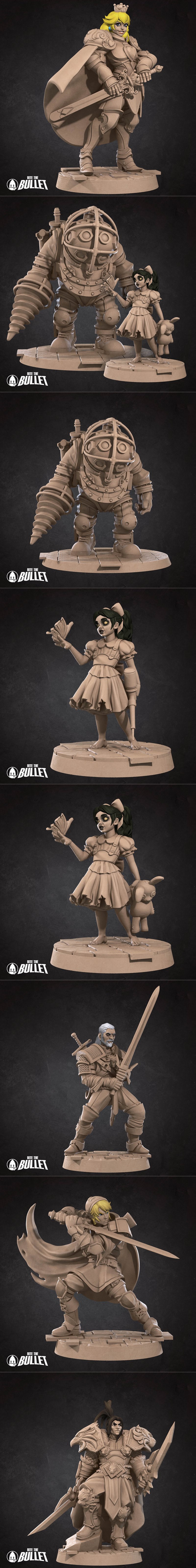 Collection of 3D printable figures including a BioShock Big Daddy, a character with a red cape, a woman in a top hat,...
