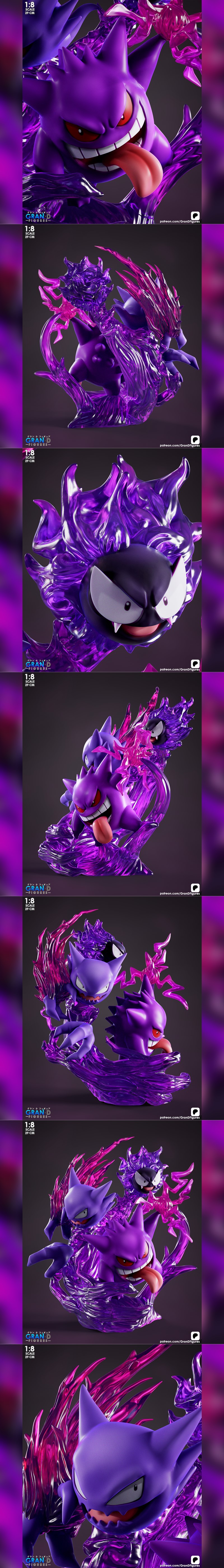 1:8 scale 3D model of Gengar from Pokemon, surrounded by purple energy effects. Gengar has a wide grin and red eyes.