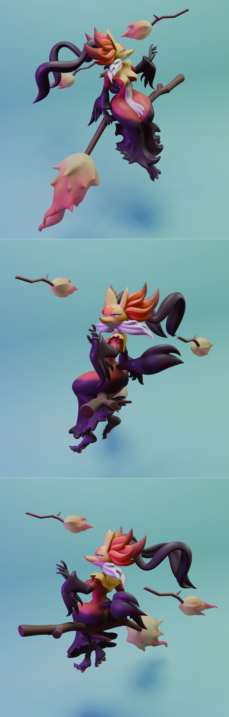 3D model of Mega Delphox from Pokemon as a witch riding a broomstick, with flame wisps.