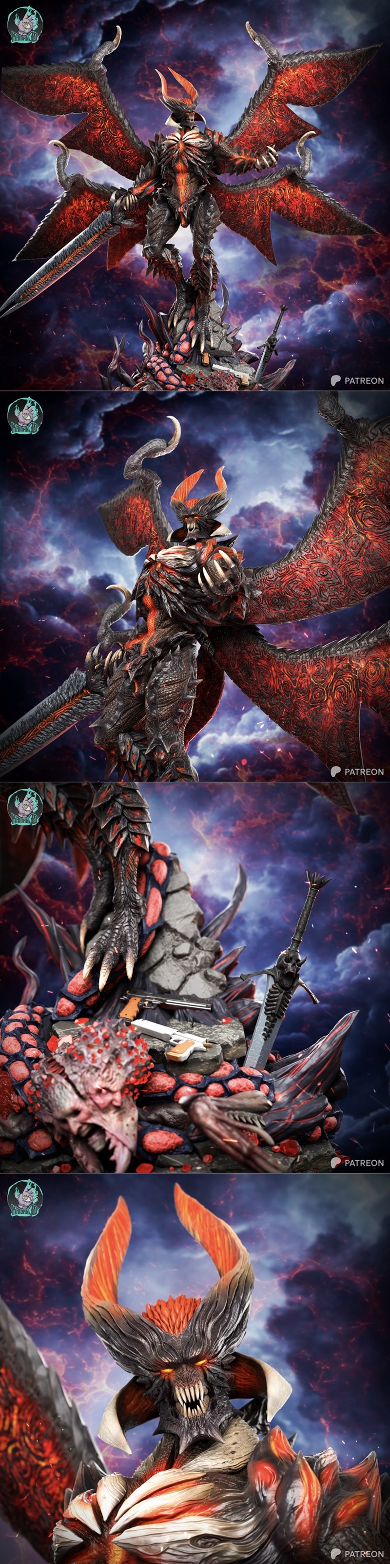 Dante in Sin Devil Trigger form, a demonic figure with large fiery wings, dark armor, sharp claws, and glowing red ey...
