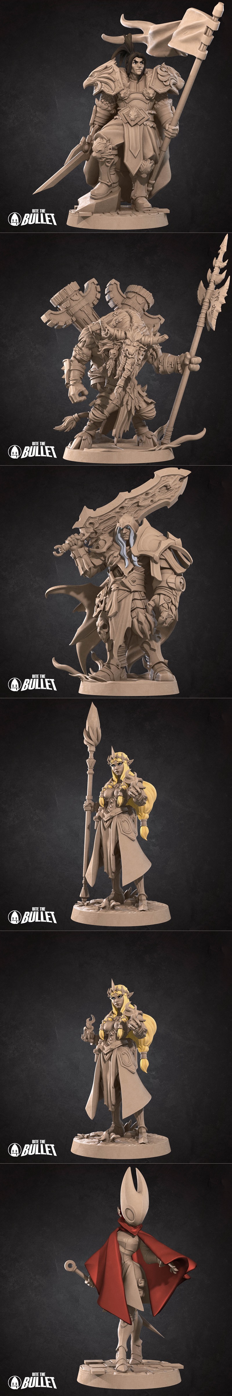 Collection of 3D printable figures including a BioShock Big Daddy, a character with a red cape, a woman in a top hat,...