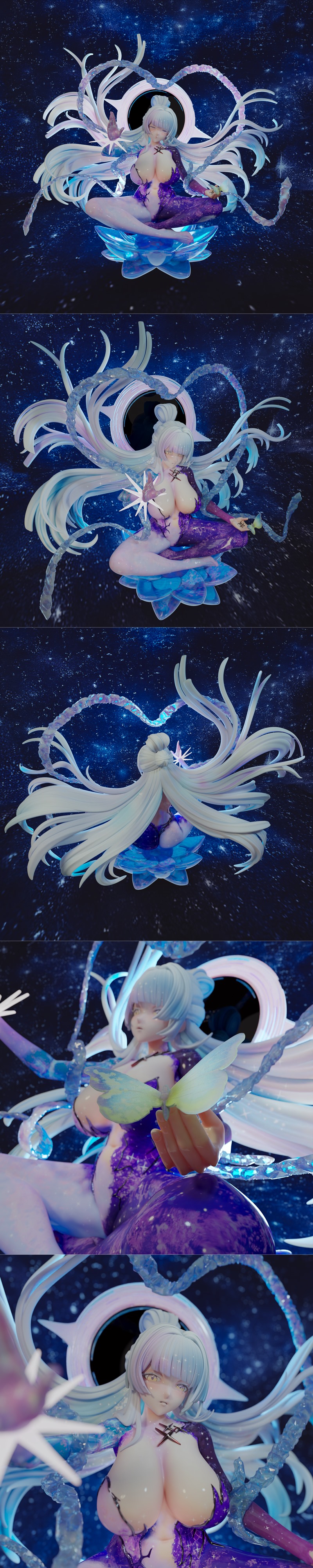 3D model of Nayuta from NIKKE, meditating on a blue lotus with flowing white hair and cosmic ribbons against a starry...