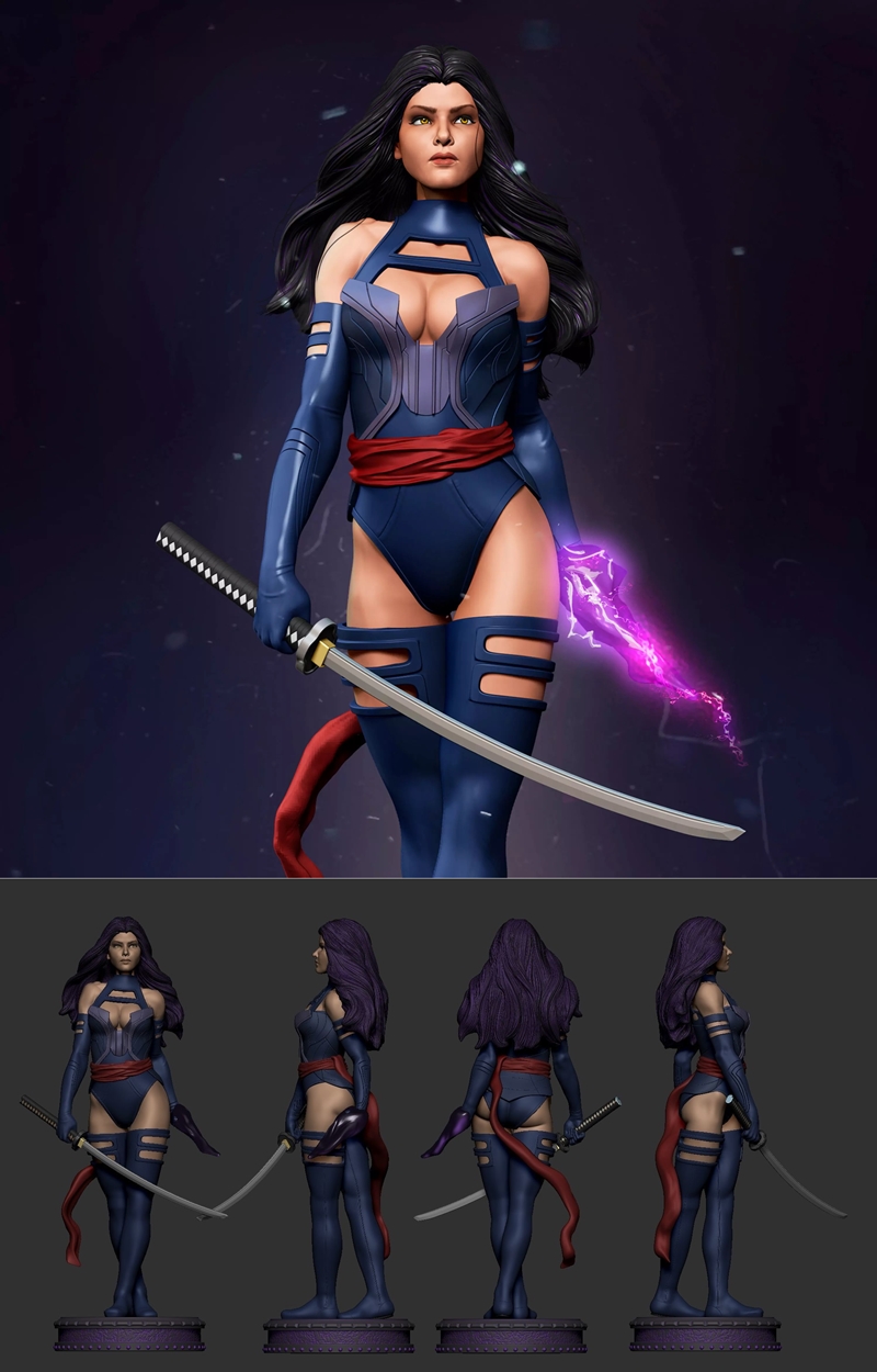 Psylocke 3D model statue, wearing a blue bodysuit and thigh-highs, holding a katana and psychic energy.