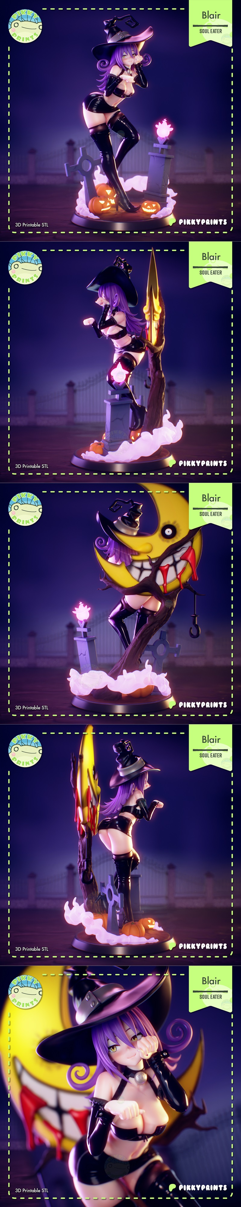 3D printable figure of Blair from Soul Eater, wearing a witch hat and revealing outfit, posing with cat ears and a sp...