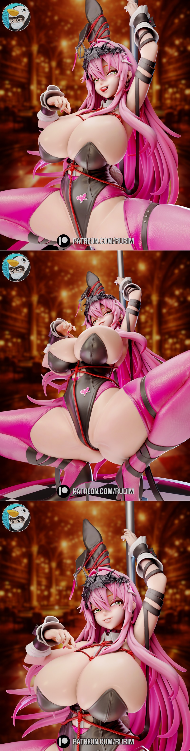 Velvet from Nikke 3D model by Rubim, posed suggestively on a pole with pink hair and a revealing black and pink outfi...
