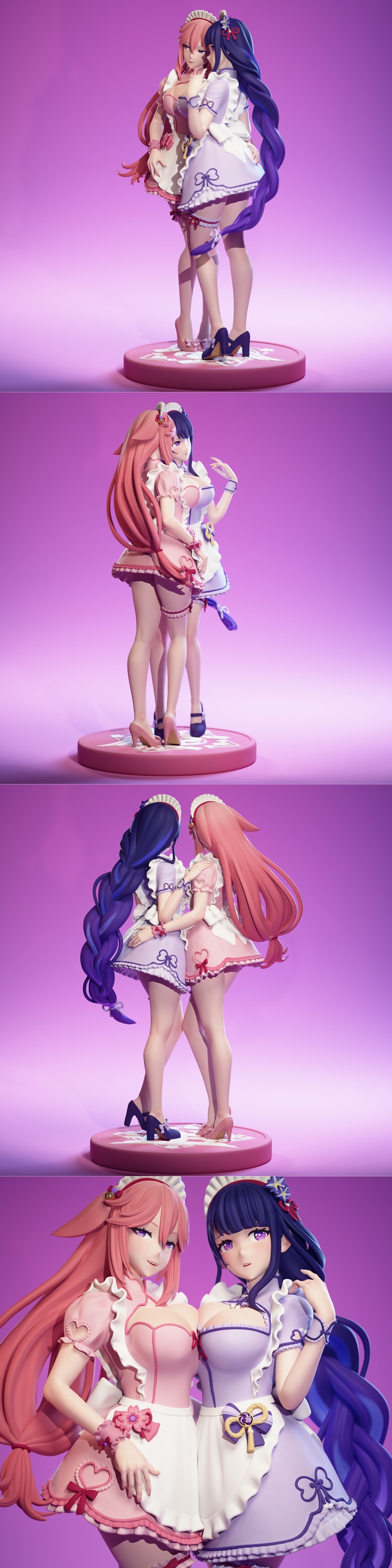 3D print model of Raiden Shogun and Yae Miko from Genshin Impact, dressed in maid outfits, standing side-by-side on a...