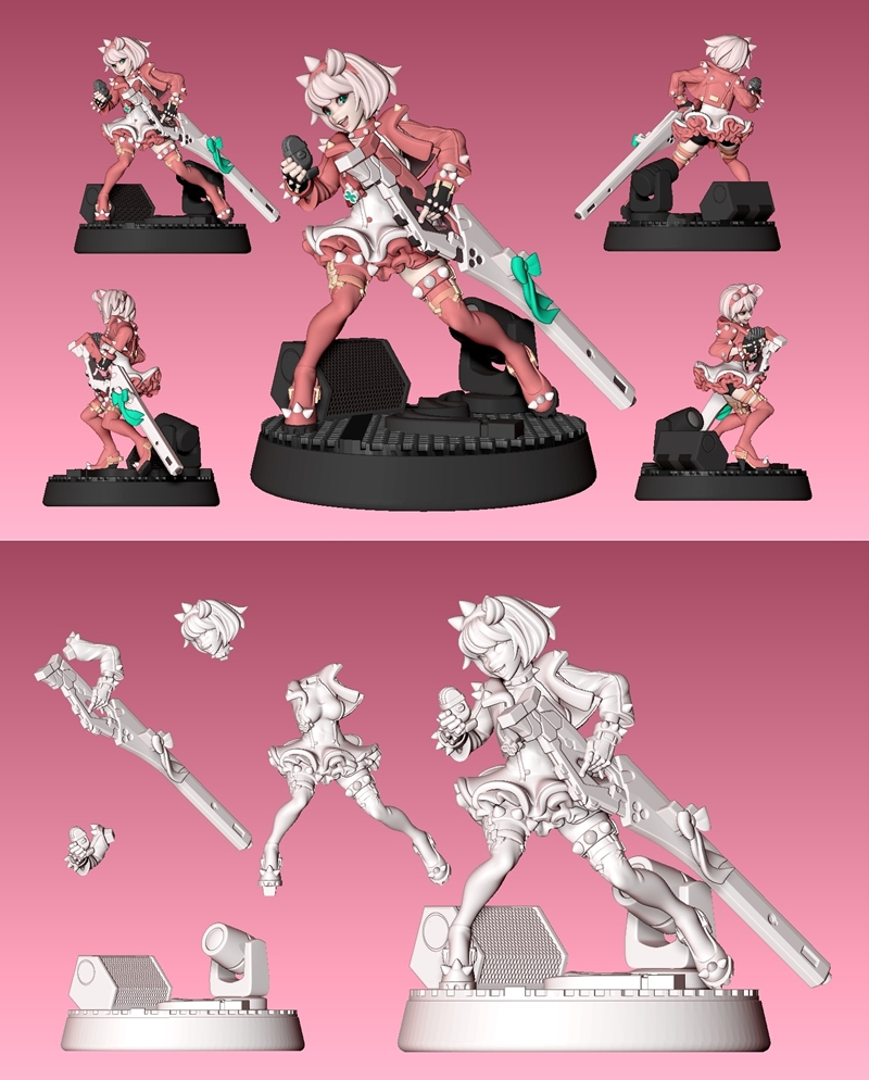 3D model of Death Valentine from Guilty Gear, in a dynamic pose holding a large rifle, with cat ears and stylized out...