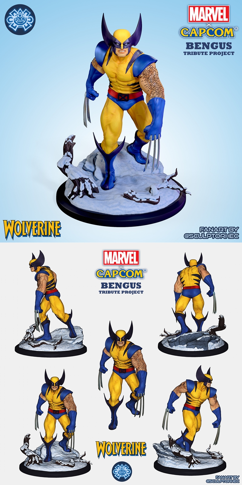Wolverine 3D model in classic yellow and blue costume with adamantium claws extended, standing on a snowy base. Bengu...