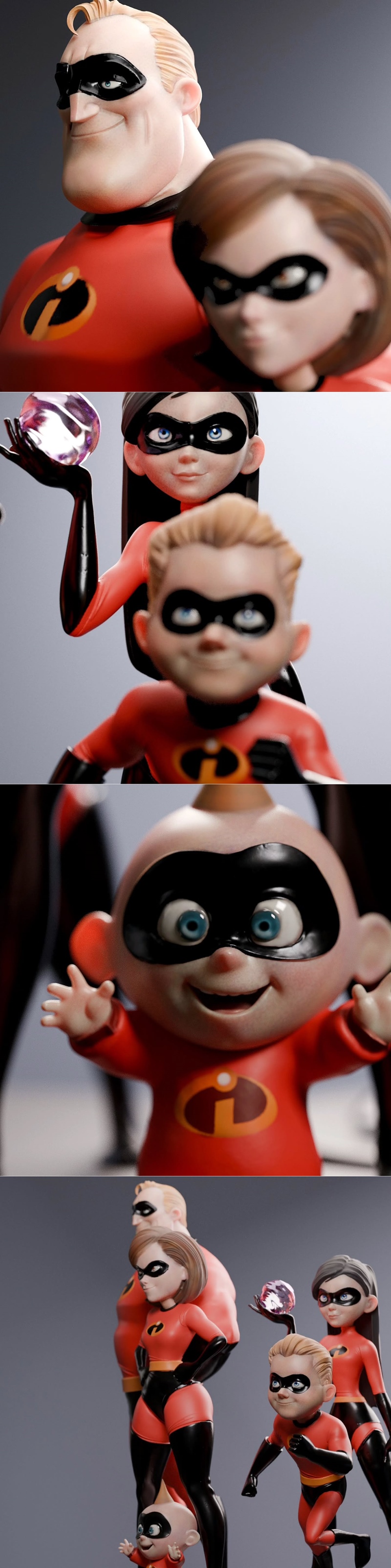 The Parr family from The Incredibles: Mr. Incredible, Elastigirl, Violet, Dash, and Jack-Jack, in red and black super...