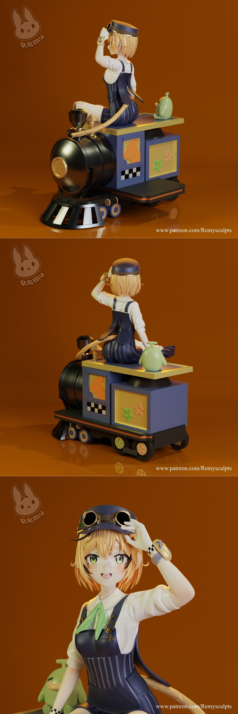 Anime-style female character Dooby with blonde hair and goggles, sitting on a toy train. She wears overalls and a whi...