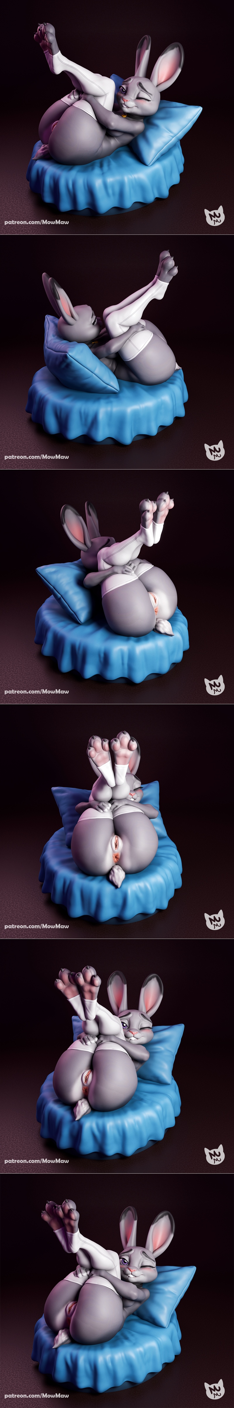 3D model of Judy Hopps from Zootopia reclining suggestively on a blue pillow, wearing white clothing, with a black ce...