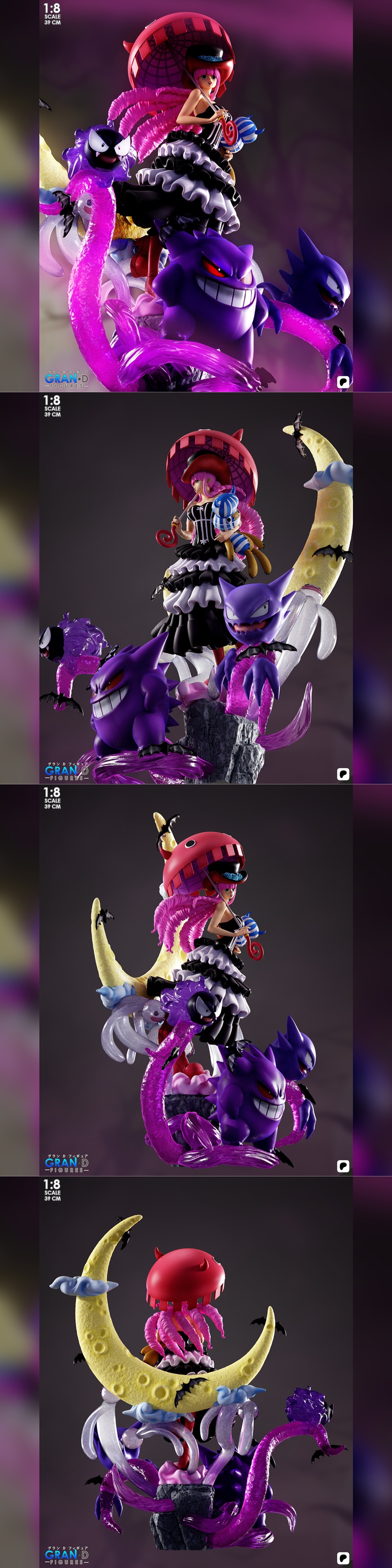 Gran D. Figures 1:8 scale 3D model of Perona from One Piece with Pokémon Gengar, Gastly, and Haunter, standing on a m...
