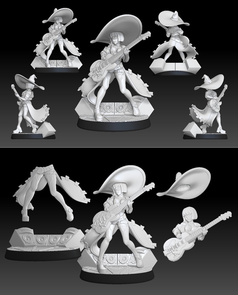 Rock Witch 3D model figure playing a guitar, wearing a large hat and glasses, gothic attire.