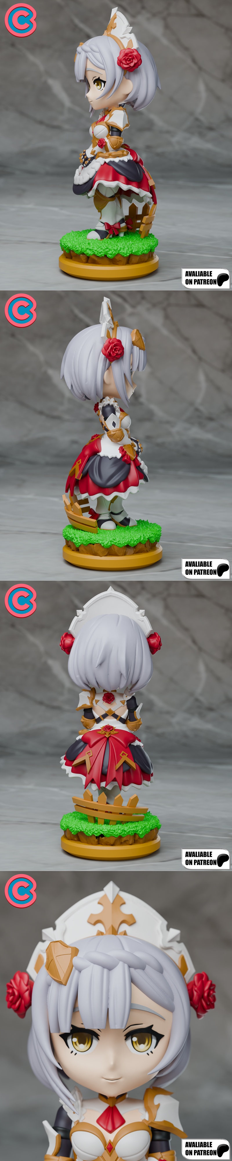 Chibi Noelle from Genshin Impact in maid armor, standing on a grassy base with a wooden fence. The figure has white a...