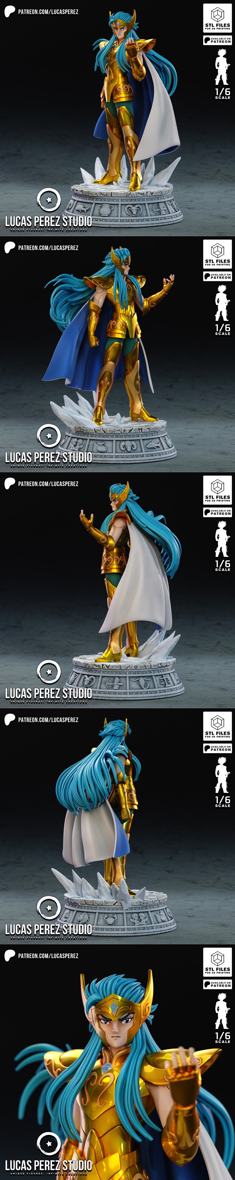 1/6 scale 3D print model of Camus of Aquarius from Saint Seiya, wearing golden armor and a blue cape, standing on an...