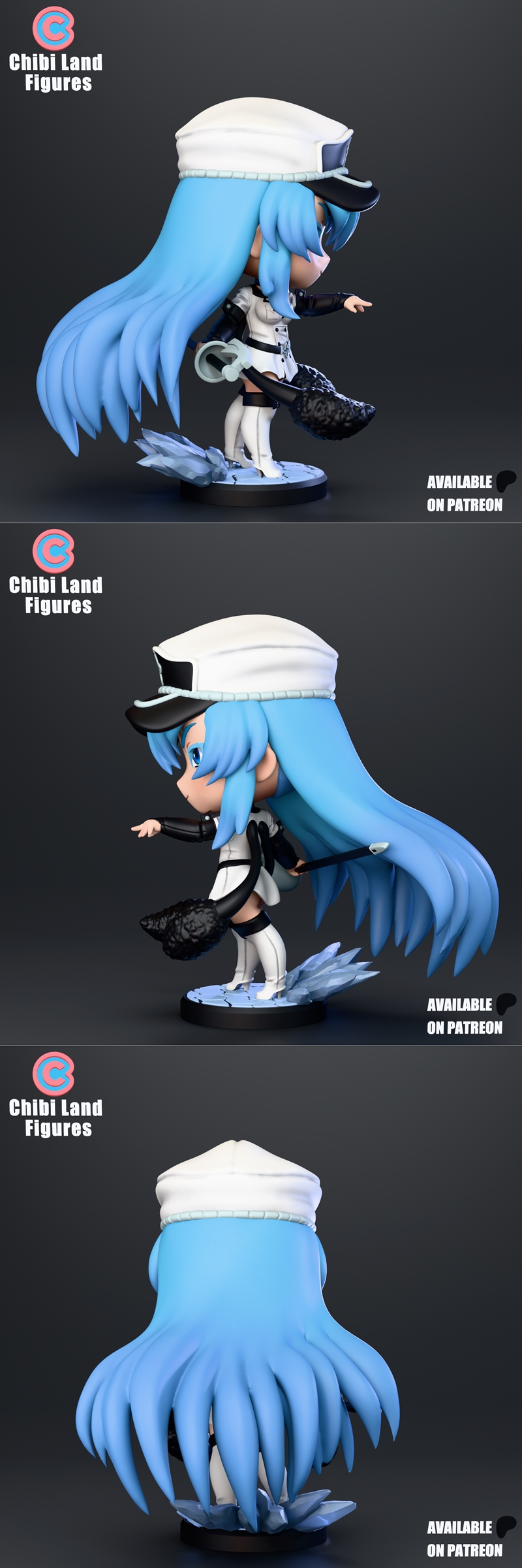 Chibi Esdeath figure from Akame ga Kill, wearing a white military uniform and hat, holding a sword. Blue hair, blue e...