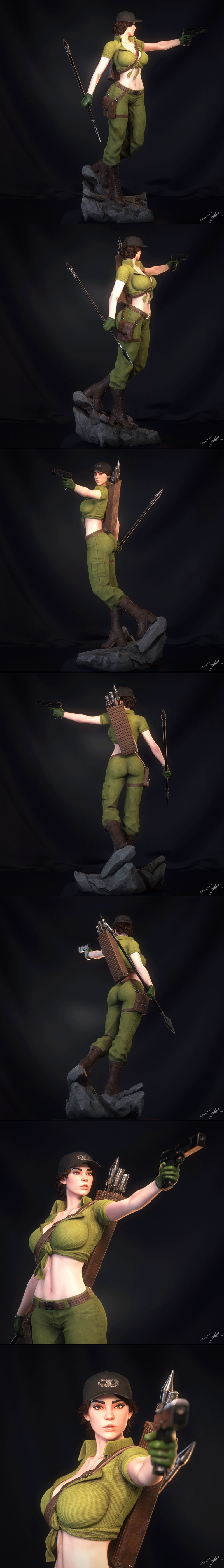 3D model of Lady Jaye from G.I. Joe, holding a pistol and spear, with a quiver of arrows on her back, wearing tactica...