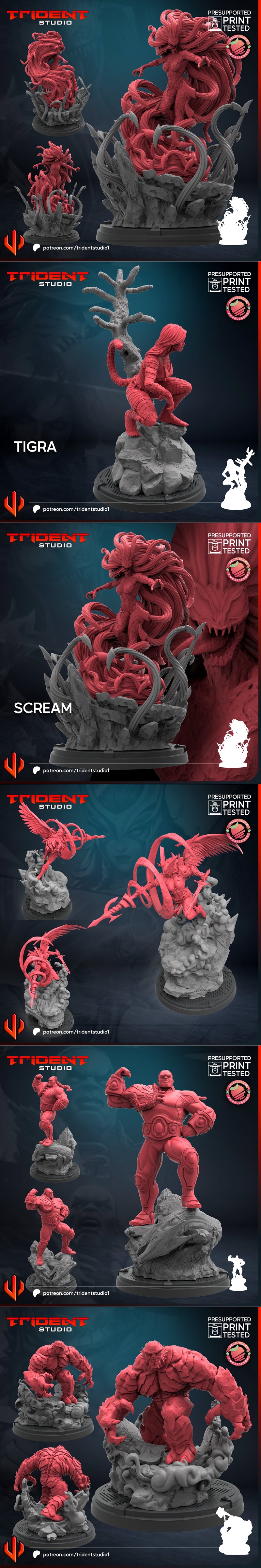 Collection of 3D printable models of Marvel characters, including Venom, Wolverine, and others, in dynamic poses.