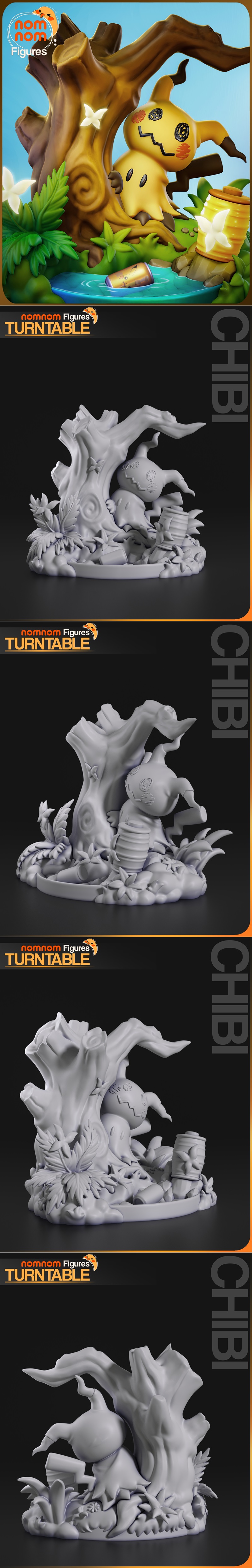 Chibi Mimikyu 3D model figure by Nomnom Figures, peeking from behind a tree with glowing flowers and a lantern. A can...