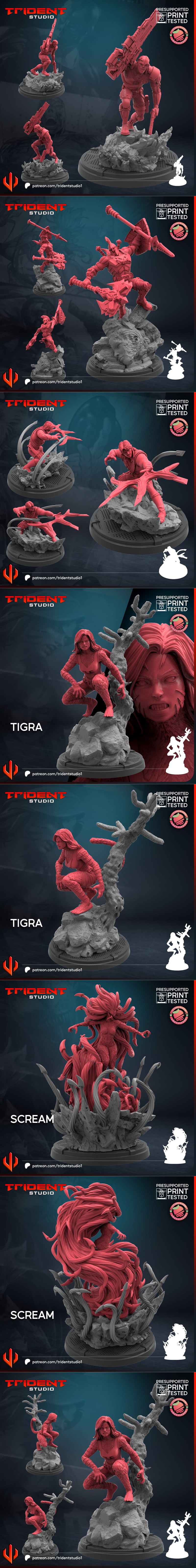 Collection of 3D printable models of Marvel characters, including Venom, Wolverine, and others, in dynamic poses.