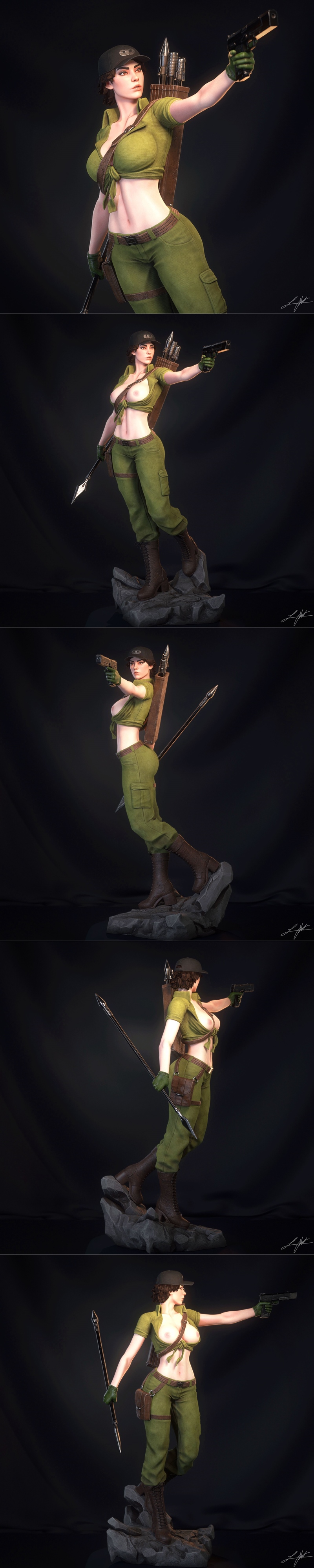 3D model of Lady Jaye from G.I. Joe, holding a pistol and spear, with a quiver of arrows on her back, wearing tactica...
