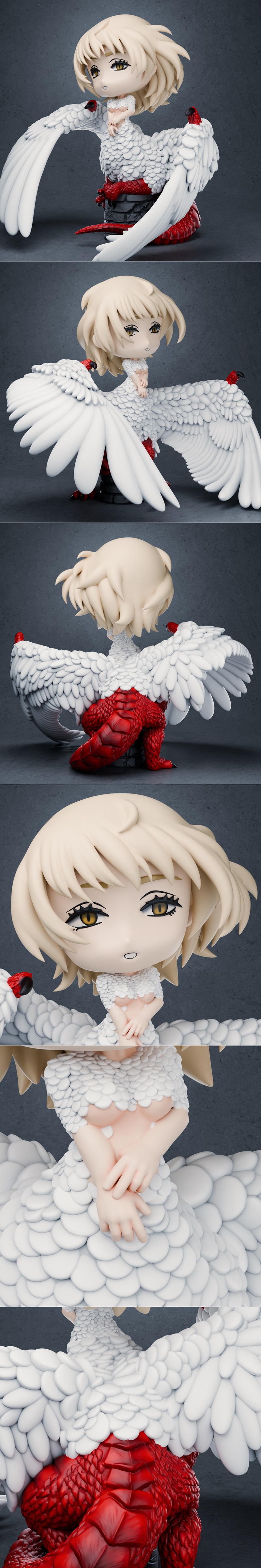 Chibi Falin from Dungeon Meshi with large white wings and red talons, perched on a stone base. Detailed feather textu...