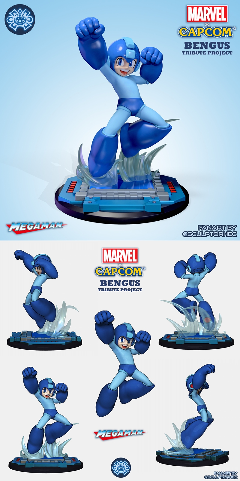 Mega Man figure in a heroic pose, inspired by Bengus' art style, with a stylized base featuring energy effects. Fan a...