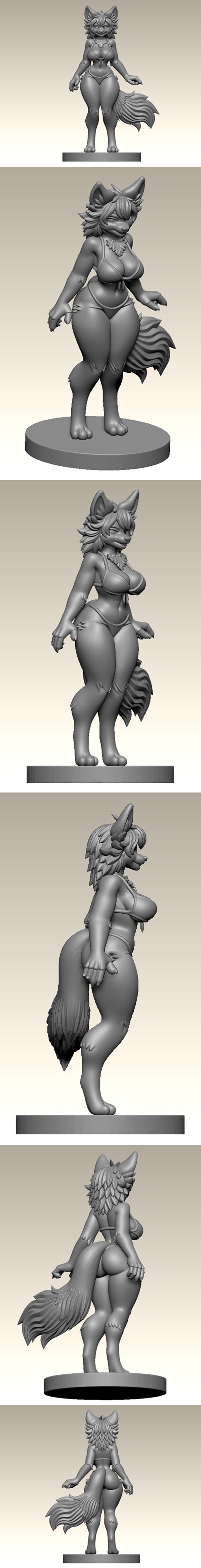Anthropomorphic fox-like female character in a bikini, standing on a black circular base. The figure has large ears,...