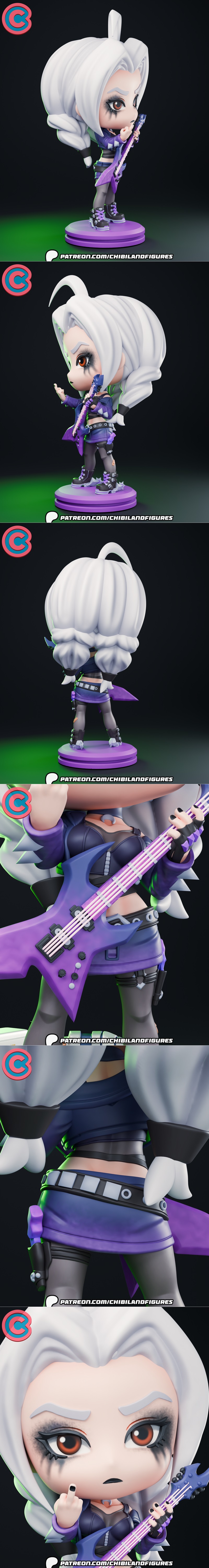Chibi Skadi from T3 Arena holding a purple electric guitar, wearing punk attire and heavy eye makeup, standing on a p...