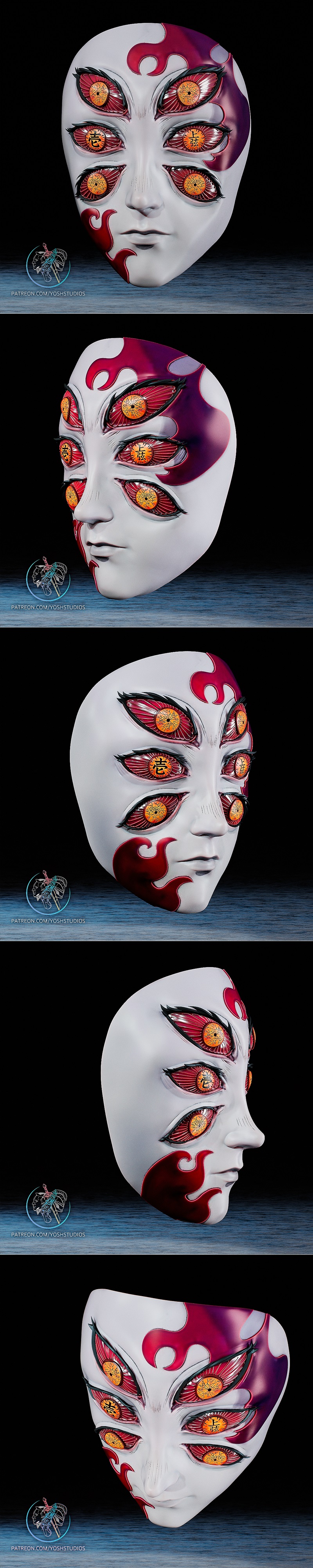 3D printable mask of Upper Moon 1 from Demon Slayer, featuring multiple red-eyed faces and flame markings.